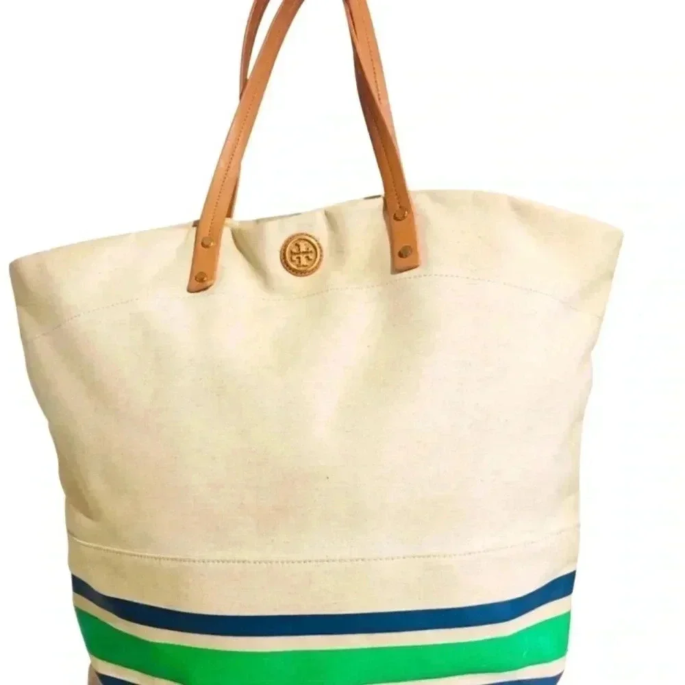 Tory Burch beige/ blue green striped canvas hobo handbag